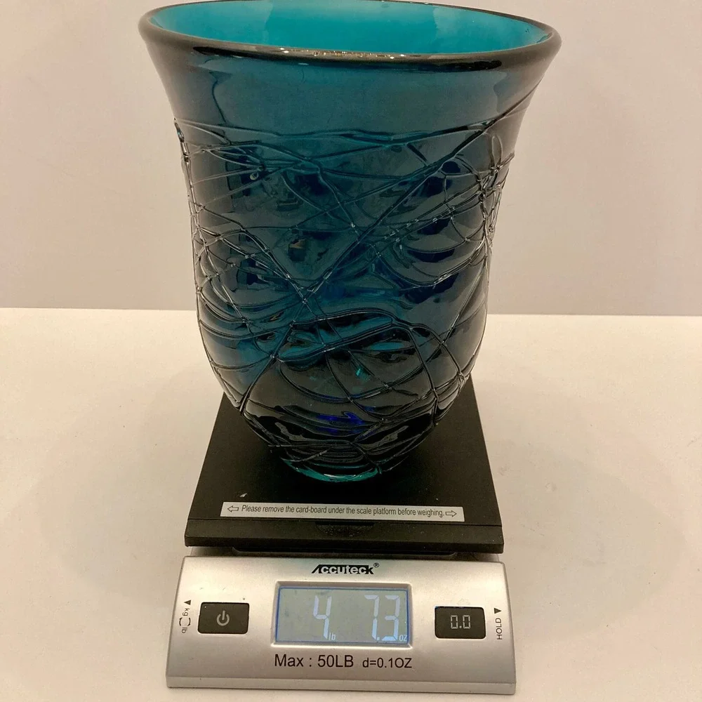Vintage Hand Blown Threaded Thick Art Glass Vase 8.5